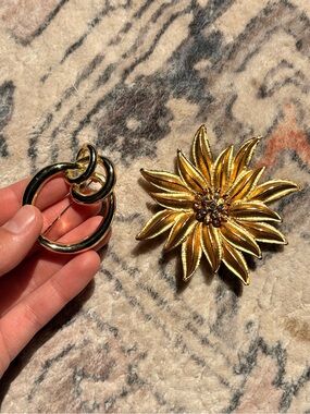 Gold Floral Sunburst Brooch and Hoop Pin Set - Women Accessories